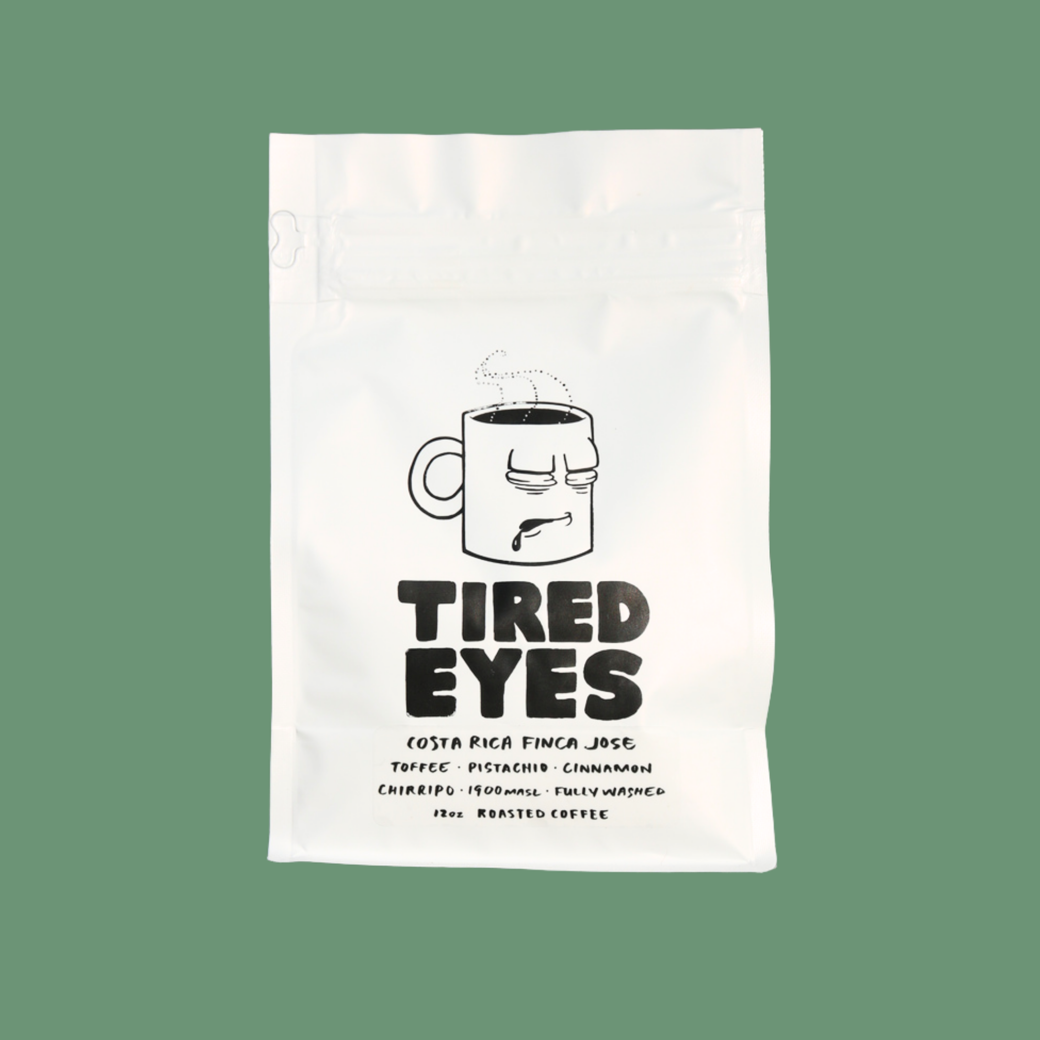 A bag of specialty coffee, roasted by Tired Eyes Coffee in San Diego, CA.
